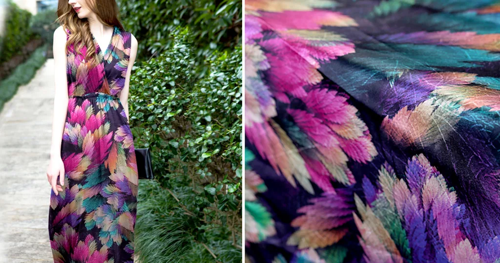 Printed dress fabric and close-up of the printed pattern
