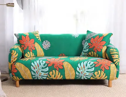 Sofa upholstered in printed fabric