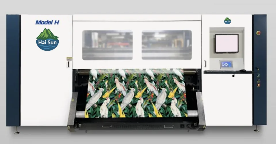 Hai Sun Model H, 1800 mm high-speed sublimation printer with printed fabric on the deck